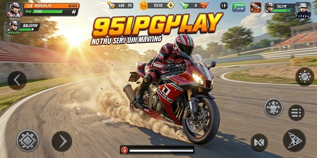 Screenshot gameplay 95PGPLAY dengan aksi balapan motor yang mendebarkan.