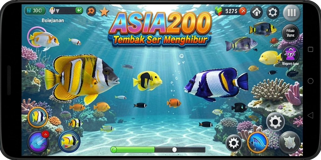 Screenshot ASIA200 menampilkan gameplay menembak ikan yang seru dan penuh warna.