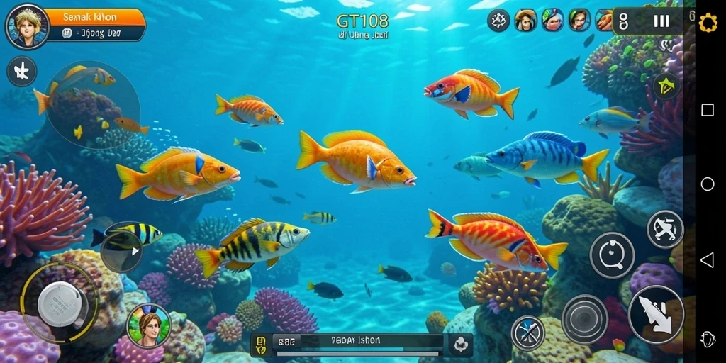 Screenshot menunjukkan aksi seru menangkap ikan di GT108.