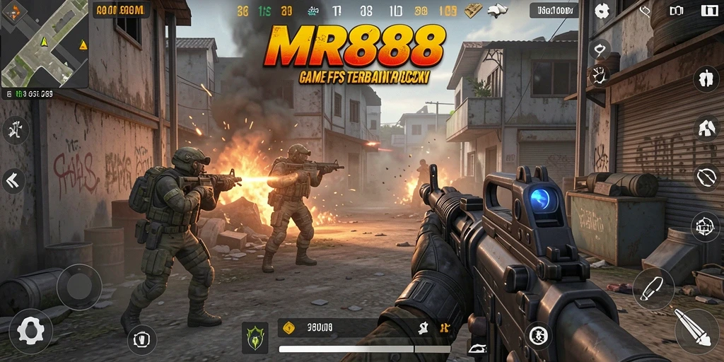 Screenshot dari gameplay intens MR888 dengan aksi menembak yang mendebarkan.